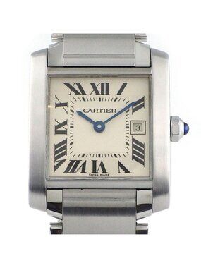 Cartier Watch Tank Francaise MM Square Ivory Dial Roman Index Date SS Quartz